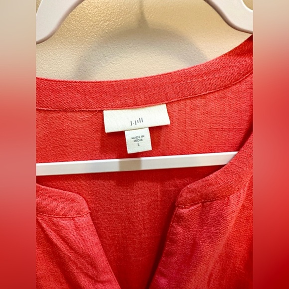 J Jill Linen Blend Button Front Midi Dress with Smocked Cuffs in Guava Size L - Picture 4 of 9